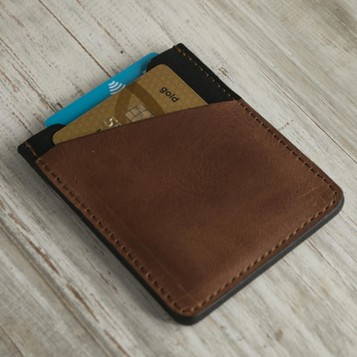 Leather card holder, 'Weekender in Camel and Black' - Three Slot Camel and Black Leather Card Holder from Peru