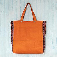 Bolso tote de cuero con detalles de lana, 'Inca Sunset' - Bolso tote de cuero naranja con detalles de lana