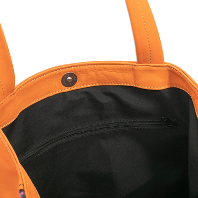 Wool-accented leather tote bag, 'Inca Sunset' - Orange Leather Tote Bag with Wool Accents