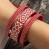 Natural fiber cuff bracelet, 'Harvest Weave' - Red and Off-White Cuff Bracelet