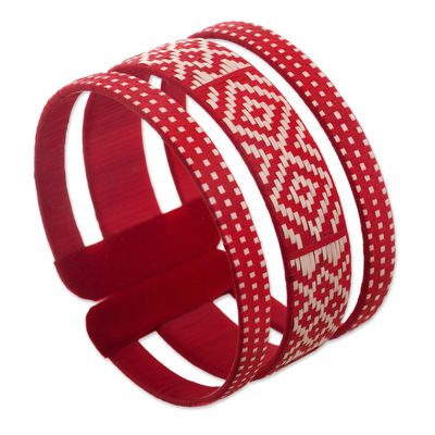 Natural fiber cuff bracelet, 'Harvest Weave' - Natural Fiber Red and Off-White Cuff Bracelet from Colombia