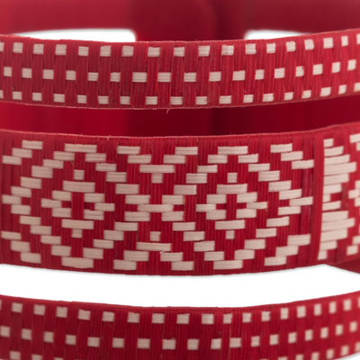 Natural fiber cuff bracelet, 'Harvest Weave' - Natural Fiber Red and Off-White Cuff Bracelet from Colombia
