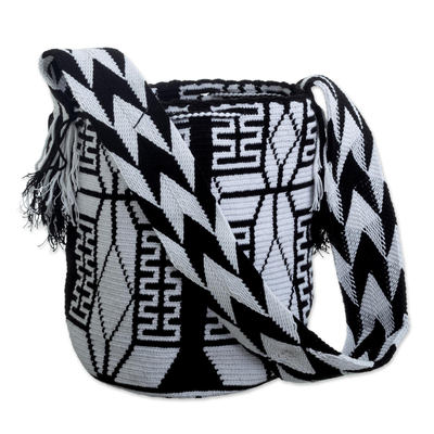 Hand-crocheted bucket bag, 'Bold Night' - Black and White Bucket Bag