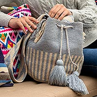 Bolso bombonera tejido a mano, 'Seaside Stripe' - Blue and Ivory Crocheted Shoulder Bag