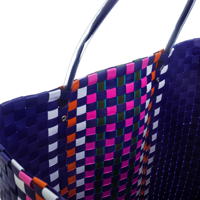 Handwoven tote bag, 'Sunday Market in Blue' - Recycled Materials Tote Bag