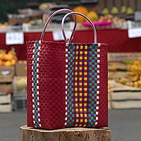 Handwoven tote bag, 'Sunday Market in Claret' - Handwoven Recycled Shopping Tote