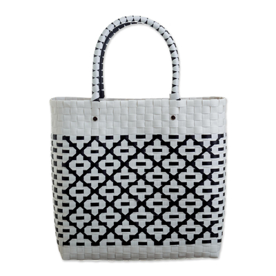 Handwoven tote bag, 'Book Fair' - Black and White Woven Tote
