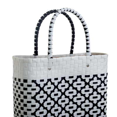 Handwoven tote bag, 'Book Fair' - Black and White Woven Tote