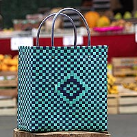 Bolso tote tejido a mano, 'Farmer's Market' - Blue Recycled Woven SHopping bag