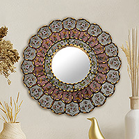 Reverse-painted glass wall mirror, 'San Juan Bouquet' - Round Reverse-Painted Glass Mirror
