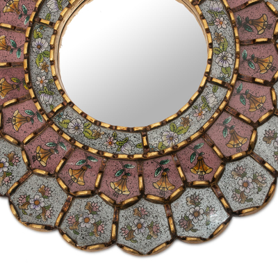 Reverse-painted glass wall mirror, 'San Juan Bouquet' - Round Reverse-Painted Glass Mirror
