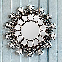 Wood and glass wall accent mirror, 'Silver Rays' - Hand Crafted Silver Wall Mirror
