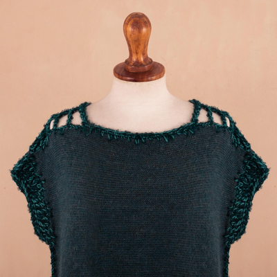 100% baby alpaca sweater, 'Cecilia in Teal' - Crochet Short Sleeve Baby Alpaca Sweater in Teal from Peru