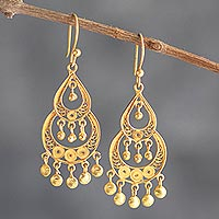 Gold-plated filigree chandelier earrings, 'Piura Pride'