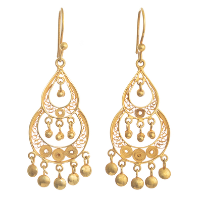Gold-plated filigree chandelier earrings, 'Piura Pride' - 24k Gold-Plated Filigree Earrings