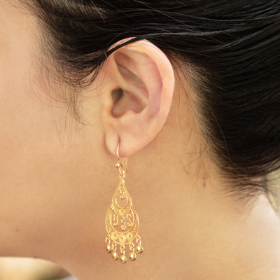 Gold-plated filigree chandelier earrings, 'Piura Pride' - 24k Gold-Plated Filigree Earrings