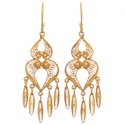 Gold-plated filigree chandelier earrings, 'Catacaos Cascade' - Chandelier Earrings in 24k Gold Plate