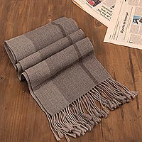 100% baby alpaca scarf, 'Taupe Plaid' - Baby Alpaca Handwoven Plaid Wrap Scarf in Taupe from Peru
