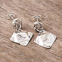 Sterling silver dangle earrings, 'Minimalist Textures' - Sterling Silver Hammered Texture Rhombus Earrings from Peru