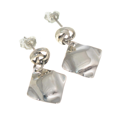 Sterling silver dangle earrings, 'Minimalist Textures' - Sterling Silver Hammered Texture Rhombus Earrings from Peru
