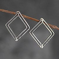 Sterling silver drop earrings, 'Rhombus Squared' - Rhomboid Sterling Silver Drop Earrings