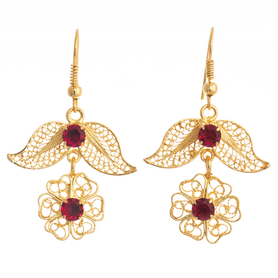 Gold-plated filigree dangle earrings, 'Piura Posy' - Flower Earrings in Gold-Plated Filigree