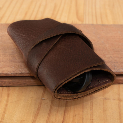 Leather travel cord organizer, 'Tech Moves' - Brown Leather Cable Organizer