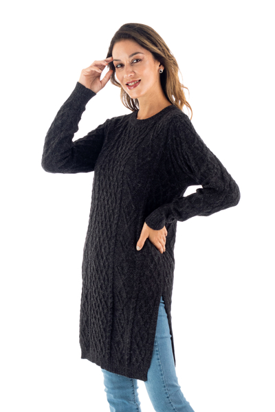 100% baby alpaca sweater, 'Long Lines in Charcoal' - Charcoal Alpaca Tunic Sweater Dress