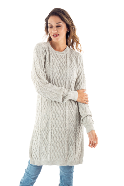 Baby Alpaca Grey Tunic Sweater Dress - Long Lines in Grey | NOVICA