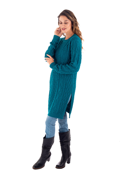Vestido suéter 100% baby alpaca - Vestido suéter tipo túnica de punto trenzado de baby alpaca verde azulado