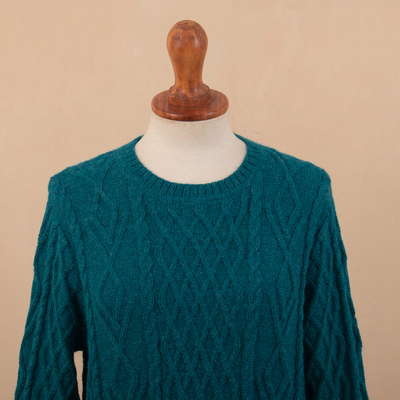 pulloverkleid aus 100 % Babyalpaka - Blaugrünes Baby-Alpaka-Tunika-Pulloverkleid mit Zopfmuster