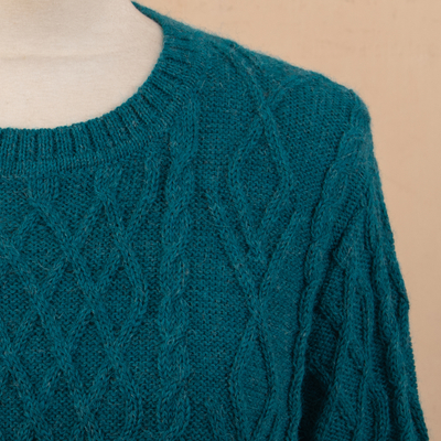 100% baby alpaca sweater dress, 'Winter Teal' - Baby Alpaca Teal Cable Knit Tunic Sweater Dress