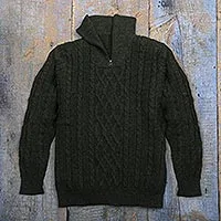 Men's 100% alpaca pullover sweater, 'Woodland Walk in Moss' - Men's Zip-Neck Alpaca Sweater