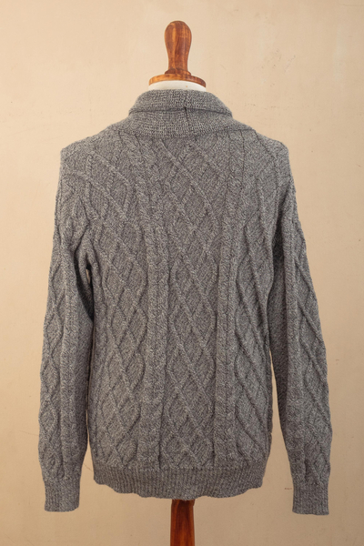 Men's 100% baby alpaca cardigan sweater, 'Geometric Alpaca' - Men's Button Front Grey Baby Alpaca Cardigan Sweater