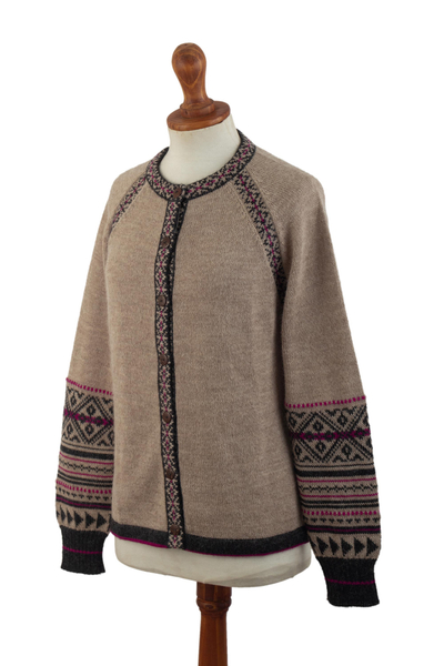 100% alpaca cardigan sweater, 'Tribal Taupe' - 100% Alpaca Cardigan Sweater with Geometric Patterns