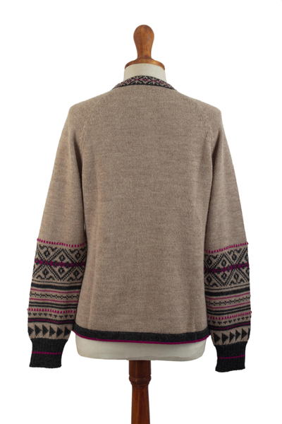 100% alpaca cardigan sweater, 'Tribal Taupe' - 100% Alpaca Cardigan Sweater with Geometric Patterns