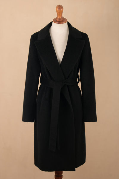 Baby alpaca blend long coat, 'Classically Chic in Black' - Black Baby Alpaca Blend Long Wrap Coat