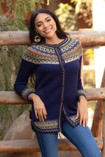 100% alpaca cardigan sweater, 'Blue Peru' - 100% Alpaca Dark Blue Tunic-Style Button-Down Sweater