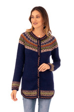 100% alpaca cardigan sweater, 'Blue Peru' - 100% Alpaca Dark Blue Tunic-Style Button-Down Sweater