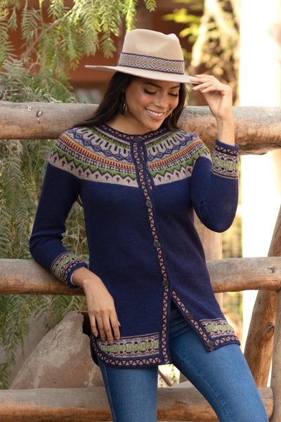 100% alpaca cardigan sweater, 'Blue Peru' - 100% Alpaca Dark Blue Tunic-Style Button-Down Sweater