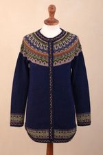 100% alpaca cardigan sweater, 'Blue Peru' - 100% Alpaca Dark Blue Tunic-Style Button-Down Sweater