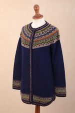 100% alpaca cardigan sweater, 'Blue Peru' - 100% Alpaca Dark Blue Tunic-Style Button-Down Sweater