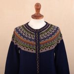 100% alpaca cardigan sweater, 'Blue Peru' - 100% Alpaca Dark Blue Tunic-Style Button-Down Sweater