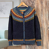 100% alpaca cardigan sweater, 'Blue Andean Nordic' - 100% Alpaca Yoke Cardigan Sweater with Buttons From Peru