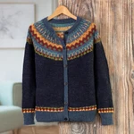 100% Alpaca Yoke Cardigan Sweater with Buttons From Peru - Blue