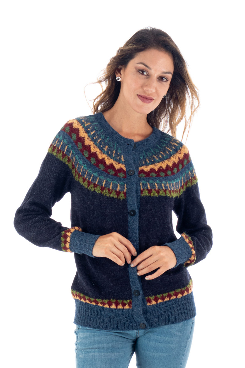 100% Alpaca Yoke Cardigan Sweater with Buttons From Peru - Blue