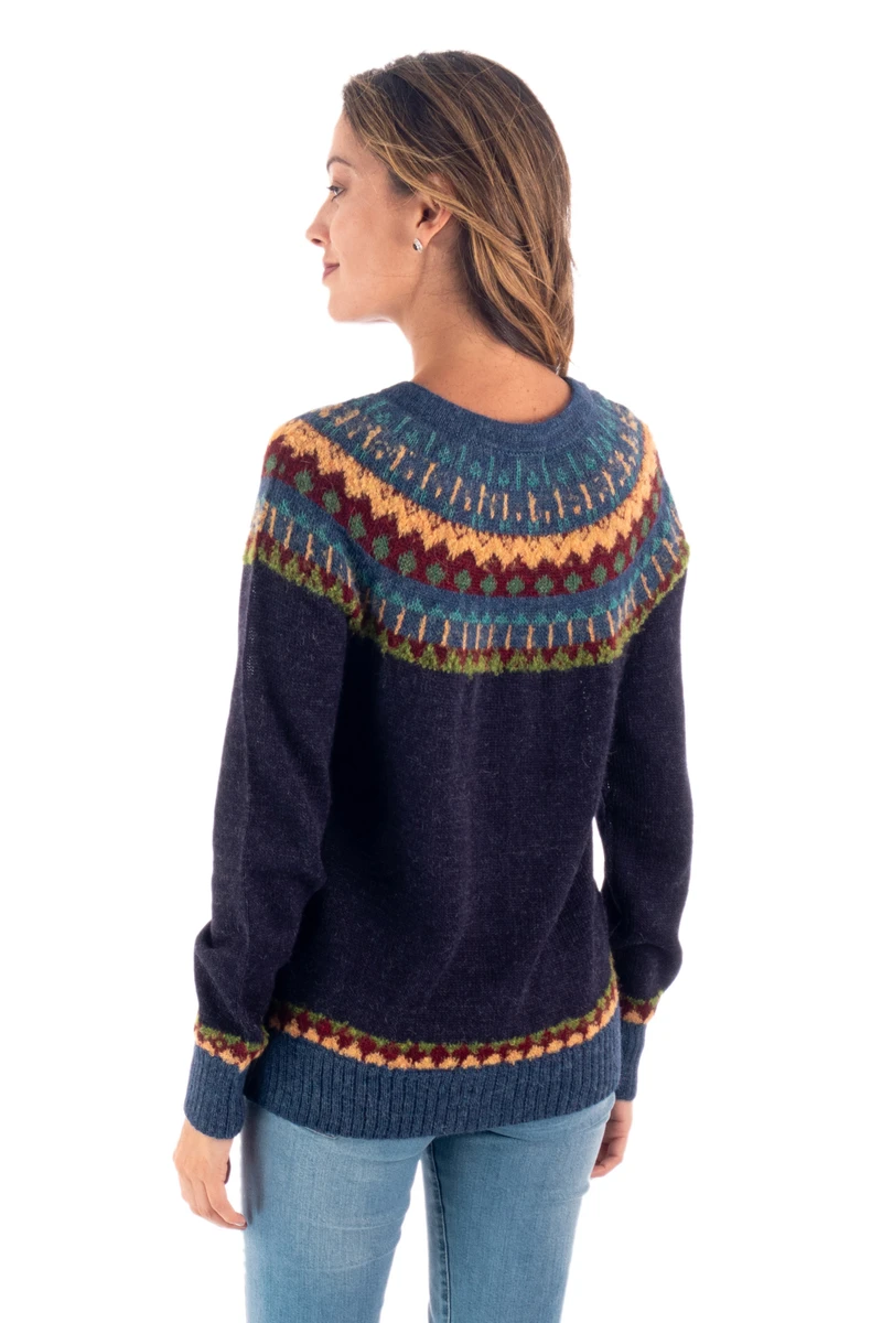 100% Alpaca Yoke Cardigan Sweater with Buttons From Peru - Blue