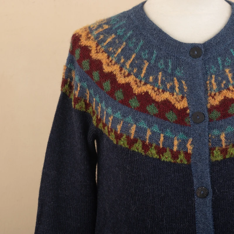 100% Alpaca Yoke Cardigan Sweater with Buttons From Peru - Blue