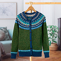 100% alpaca cardigan sweater, 'Andean Forests' - 100% Alpaca Green Yoke Cardigan From Peru