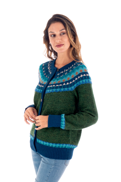 Alpaca cardigan sweater, 'Andean Forest' - 100% Alpaca Green Yoke Cardigan From Peru